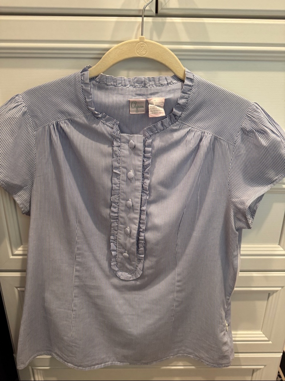Aqua Blue and White Striped Top with Pink Label